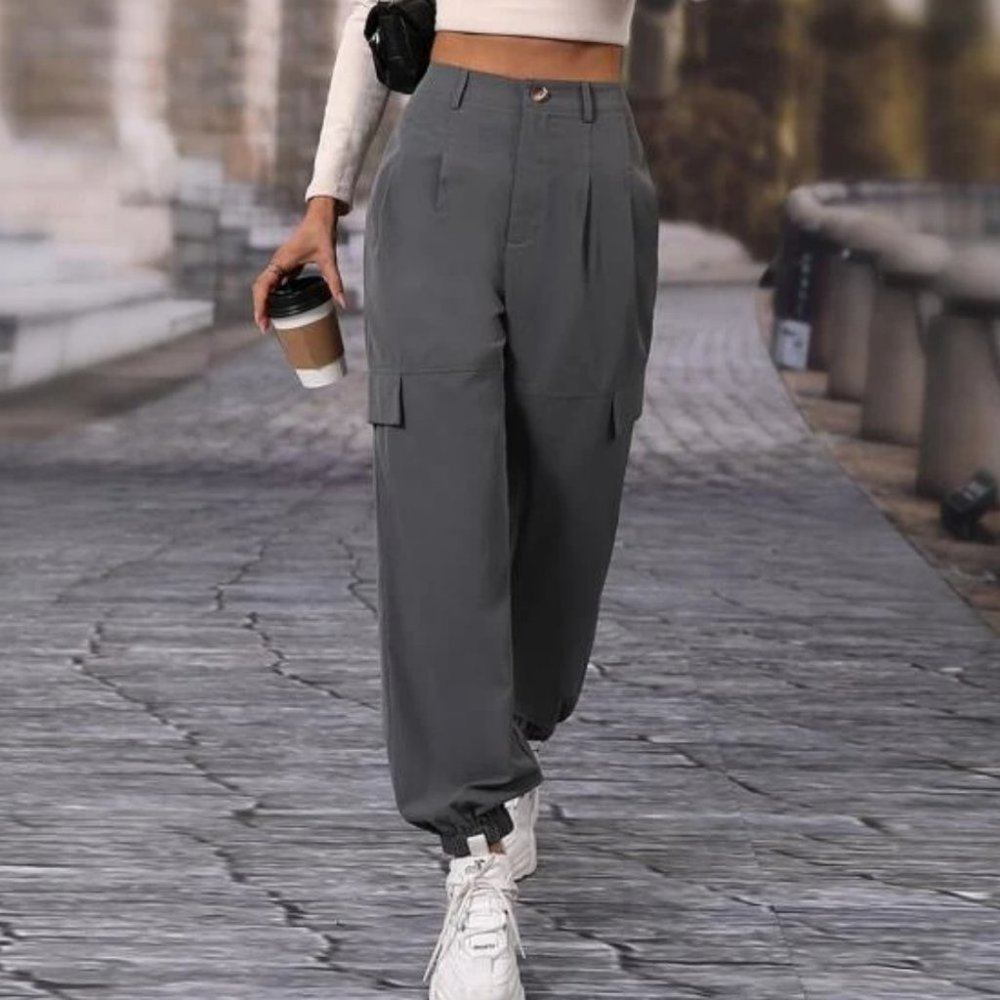 casual Flap detail button elastic Hem Contemporary carrot Pants gray - Picture 6 of 6